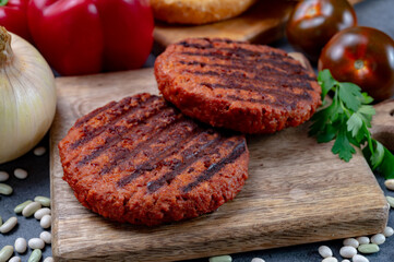 Tasty grilled burger made with vegetarian plant based imitation minced meat