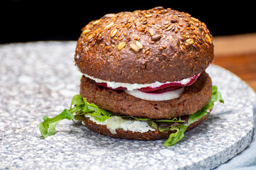 Grilled plant based, meat free vega burgers close up