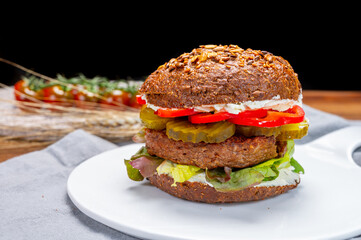 Grilled plant based, meat free vega burgers close up