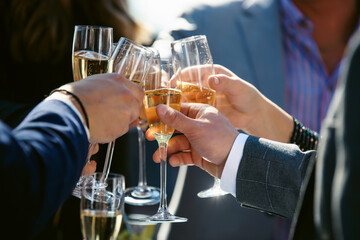 Cropped view of adult man or woman holding wine glass