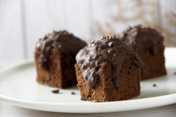 Chocolate Cube pound cake set on cafe table.