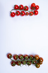 Vine of fresh ripe sweet cherry tomatoes ready to eat on white background
