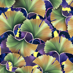 Ginkgo biloba leaves seamless pattern, colorful trendy, isolated leaves of ginkgo tree. Japanese tree. For printing on textiles, booklets, medical and cosmetic packaging.