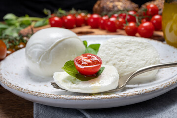 Cheese collection, eating. of white soft Italian cheese mozzarella, served with red cherry...