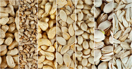 Cashews, peanuts, sunflower seeds, pumpkin seeds, pistachios close up. Collage of textures of various nuts.