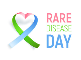Symbol of rare disease, realistic ribbon heart shaped. Poster template for awareness day on 28 february, vector illustration.