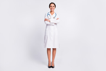 Photo of good mood cheerful young woman therapist wear formal coat smiling arms crossed isolated...