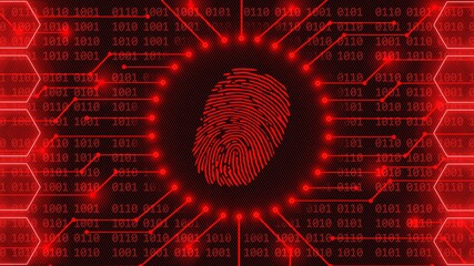 Fingerprint logo - abstract background in red of 4-digit binary code behind information connecting lines between honeycomb elements - security scanning identification system by biometric authorization