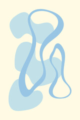 Background with blue spots and lines, trendy vector design with oval flowing shapes. Abstract poster with shapeless spots, wall banner for decoration and interior design. Simple minimalist wall poster