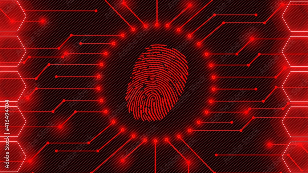 Poster fingerprint logo - abstract background in red of information connecting lines between honeycomb elem