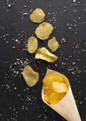 food background. Fast salty food for snack or party. Tasty food for appetizer. traditional crunchy chips.