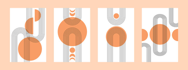 Set of abstract posters with boho arches, stripes and simple shapes in warm orange colors. Interior wall posters. Boho arch in minimalism style. Simple collection - four minimalistic wall banners.