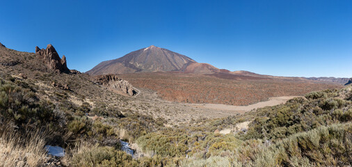 Teneriffa Nationalpark mit Vulkan Teide vom Wanderweg an der Nordostflanke des Berges Montana de...