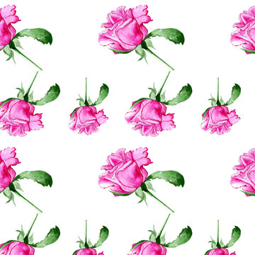 Watercolor seamless pattern with cartoon blooming roses on white