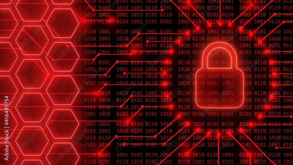Poster padlock logo - abstract background in red of 4-digit binary code behind information connecting lines