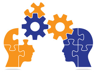 Two puzzle shaped heads with gears and puzzle pieces. This vector design can be used in innovation, business, teamwork topic projects and presentations.