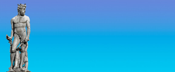 Banner with the famous statue of powerful Neptune in Florence, Italy, with copy space for text and blue sky background. Concept art, culture and heritage.