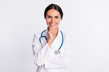 Fototapeta premium Photo of thoughtful cheerful young lady medic dressed uniform arm chin smiling isolated white color background