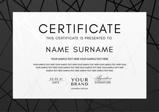 Certificate template with black line pattern frame and geometry white background. Vector modern design for Diploma, certificate of appreciation or award