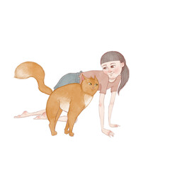Cute hand drawn watercolor illustration of the cartoon girl with the  red cat. Kid playing with cat pet.