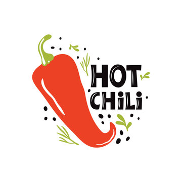 Red Hot Chili logo designs. Quote with spicy pepper and graphic elements on white background. Concept of organic vegetables. Healthy food diet, farm products. Trendy design for poster, banner, print.