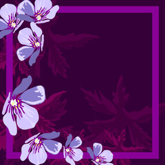 Fototapeta na wymiar Floral pattern in a square for shawl, scarf, hijab design. Blue flowers on purple background