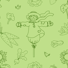 Seamless vector pattern with cute hand drawn scarecrow, vegetables and fruits doodle style elements. Emerald line objects on green background. For textile, print, advertising, fabric, wallpaper, web.