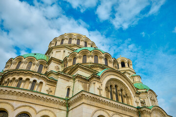 Gorgeous architecture of Alexander Nevsky Orthodox cathedral with blue sky background. Bulgaria. Sofia. 06.01.2021.