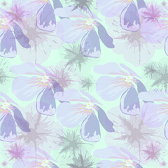 Seamless floral abstract pattern wild blue-violet flowers scattered on a light background for design fabric, wallpaper, textile, pastel linen.