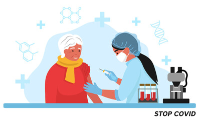 The concept of vaccination. elderly woman is given a vaccine injection. vaccinations to protect against the disease. Medical treatment and healthcare. covid-19, coronavirus. Vector flat illustration