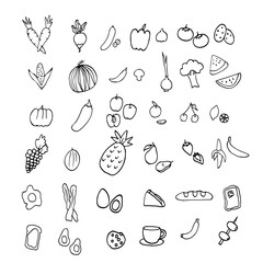 Vector set of hand drawn food  icons. Doodle vegetables, fruits and bread