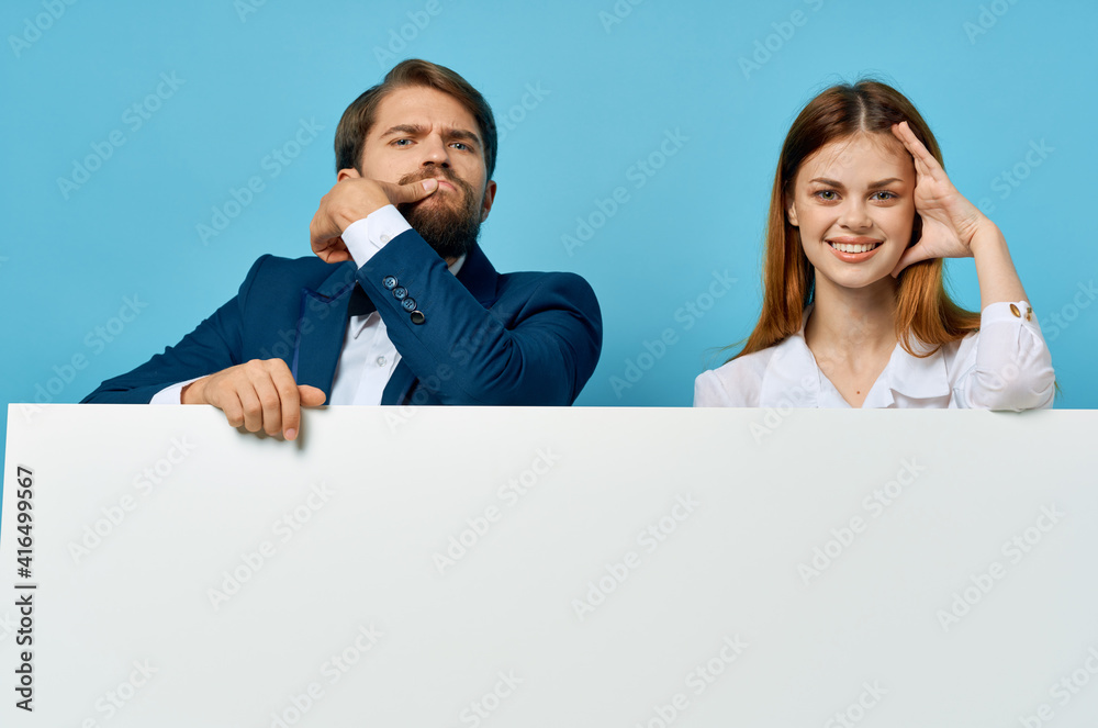 Wall mural cheerful young couple officials presentation white paper copy space advertising