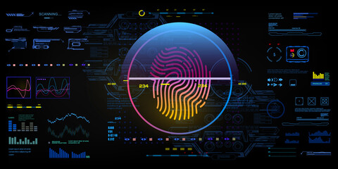 Biometric dashboard. HUD interface with fingerprint scanner. Modern digital personal identification system based on human genotype. Genetic fingerprinting with HUD elements