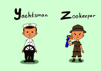 Cute vector alphabet Profession. Letter Y - yachtsman. Letter Z - Zookeeper