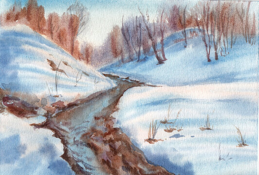 Winter or early spring sunny landscape. Frosty winter forest in snow and stream
