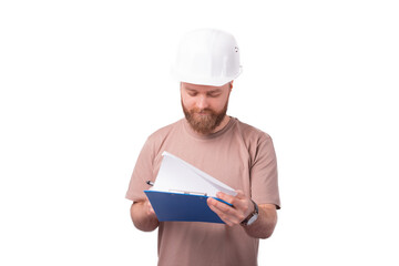 Photo of smiling architect looking at sketches over white background