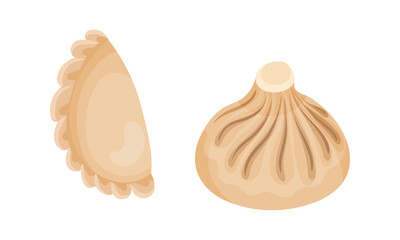Dumpling Made of Dough Wrapped Around Savory or Sweet Filling Vector Set