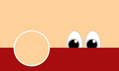 Ein Augenpaar guckt über eine rote Wand auf einen cremefarbenen Kreis mit weißer Kontur vor einfarbigen Hintergrund