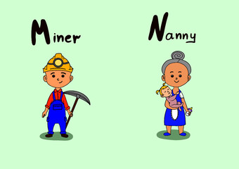 Cute vector alphabet Profession. Letter M - miner. Letter N - Nanny