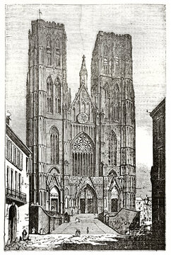 St. Michael and St. Gudula huge gothic style cathedral standing tall in Brussels, Belgium. Ancient grey tone etching style art by unidentified author, Magasin Pittoresque, 1838
