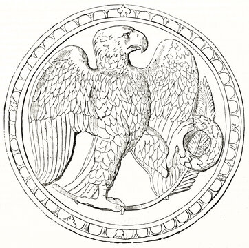 reproduction of Sardonix medal from Vienna Imperial cabinet. profile of eagle on a floreal element in a round frame. Grey tone etching style art by Andrew, Best and Leloir, Magasin Pittoresque, 1838