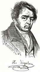 Xavier Sigalon (1787-1837), French painter, sketch bust portrait with artist signature below. Ancient grey tone etching style art by unidentified author, Magasin Pittoresque, 1838