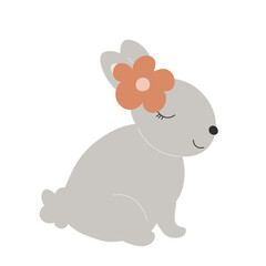Grey Baby Bunny with a flower on head. Little Sleep Rabbit. Cute Easter Animal. Hares Vector Spring illustration isolated on background. Design for card, print, book, kids story.