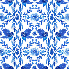 Fototapeta premium Watercolor seamless blue pattern. Floral background