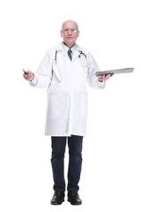 male doctor with clipboard looking at you . isolated on a white background.