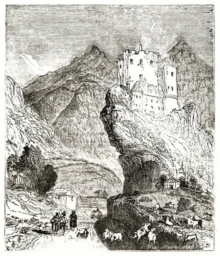 Tyrol castle, Italy, on top of a rock overwatching a vaste medieval mountainscape. Ancient grey tone etching style art by Jackson, Magasin Pittoresque, 1838
