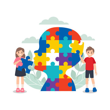 recommend clip art: Children playing with colorful head shaped jigsaw puzzle.  World autism awareness day. Flat vector cartoon vector