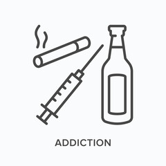 Addiction flat line icon. Vector outline illustration of cigarette, syringe and bottle. Black thin linear pictogram for human dependency