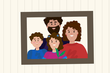 Photo portrait of the family. Cartoon photo of parents and children. Family photo of happy mom, dad, daughter and son. Drawn in a vector by hand. Vector illustration