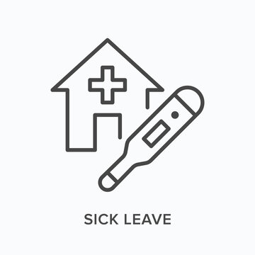Sick leave flat line icon. Vector outline illustration of house pictogram and thermometer. Black thin linear pictogram for medical absence